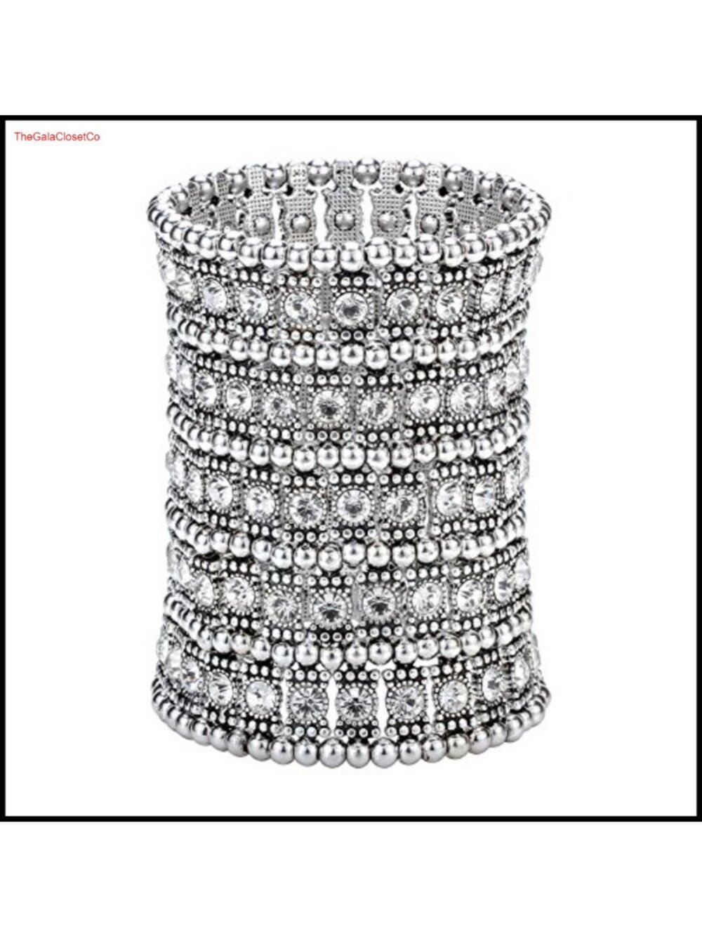 Rhinestone Stretch Cuff Bracelet Antique Silver Plated Elastic Formal Jewelry